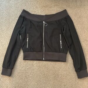 Dance & Marvel Dark grey Off-Shoulder Cropped Bomber Jacket Size M